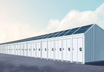 Obraz premium A row of white self-storage units with solar panels on the roof under a partly cloudy blue sky.