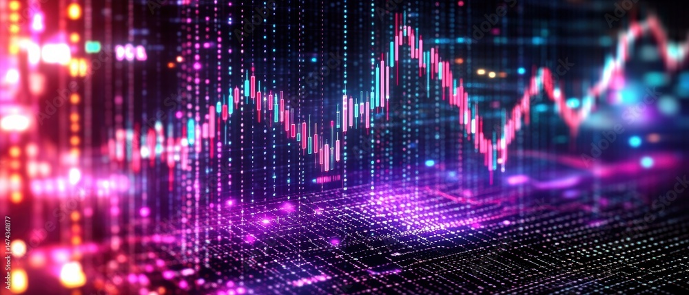 Poster colorful digital abstract background with glowing lines, data points, and a fluctuating graph, repre
