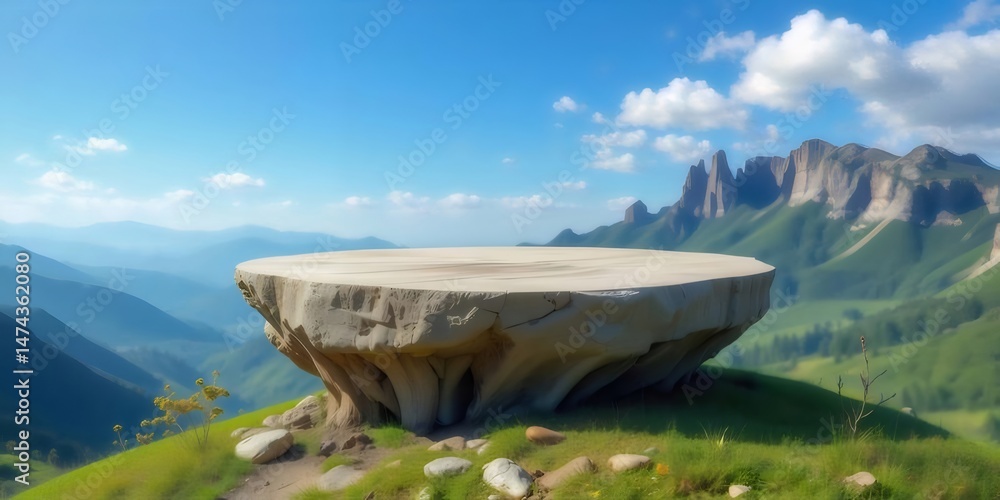Poster 緑の丘と山脈の壮大なパノラマ風景 青い空に白い雲が浮かび 石の台座が前景に置かれた山岳地帯の自然の美しさ