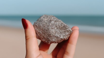 Captivating close-up of a person's hand holding a shimmering rock by the tranquil ocean showcasing intricate texture and detail against a serene beach background