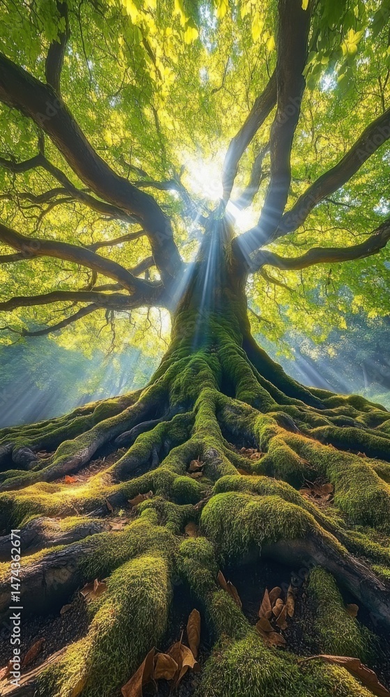 Aufkleber low angle view of a majestic tree with sun rays shining through the canopy in a lush forest setting 