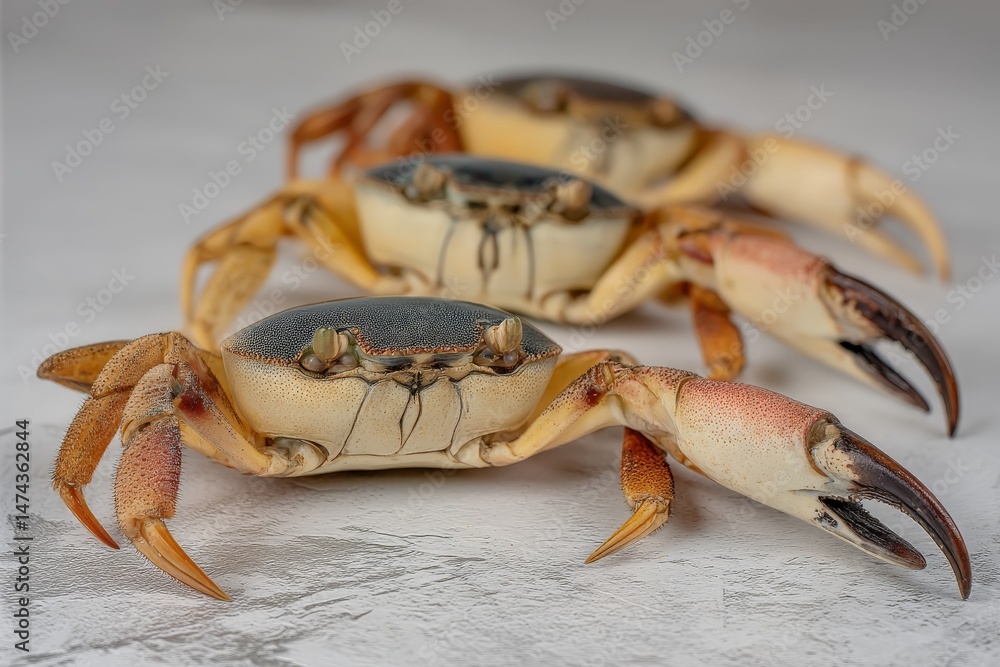 Poster Multiple crabs rest on a smooth surface, showcasing their distinct features and colors in a close-up view