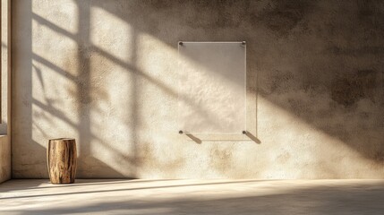 Minimalist transparent signboard mounted with stainless steel bolts on a beige wall