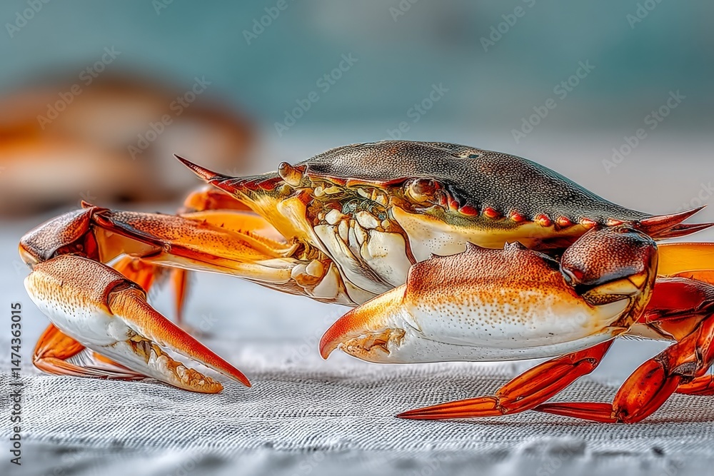 Poster Close-up of a vibrant crab with detailed claws and shell in natural lighting at a coastal setting during the day