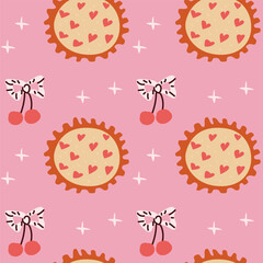 Cottagecore inspired design with heart pies and cherry bows for wallpaper or fabric.