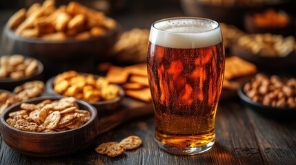 Beer. Alcoholic malt drink. A glass of beer with various snacks such as chips, crackers, nuts. Oktoberfest. Beer festival	
