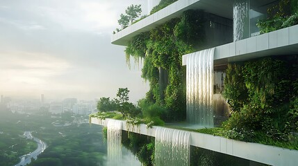 Futuristic green building with cascading waterfalls high resolution picture