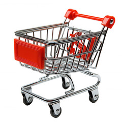Miniature shopping cart metal chrome red handle wheels black background on transparent background