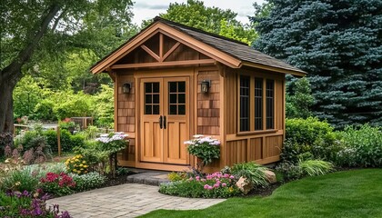 A wooden garden shed surrounded by manicured lawn, flower beds, and trees in lush garden.