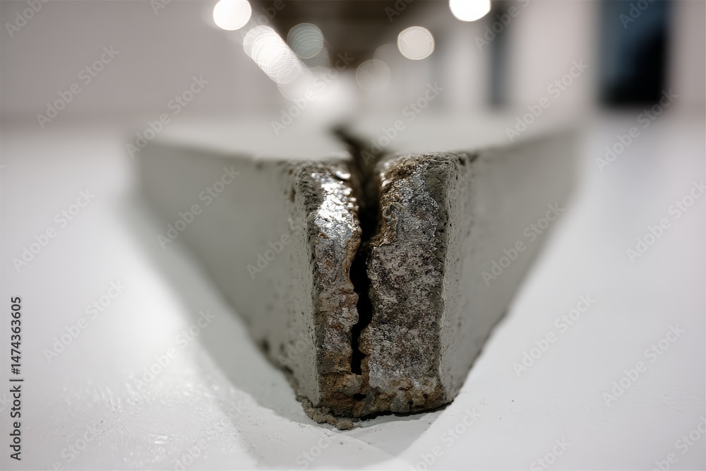 Poster unique concrete sculpture displayed in a modern gallery highlighting imperfections and textures