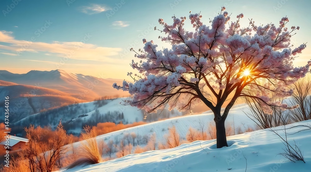 Poster 雪に覆われた丘に咲く桜の木と日の出の光の背景風景