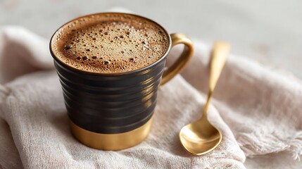 Coffee in Black Mug with Golden Spoon