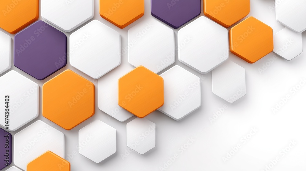 Poster abstract hexagon pattern with orange, white, and purple shapes on a white background, creating a mod