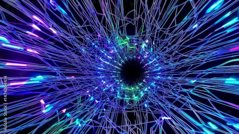 Poster neon lights create a mesmerizing tunnel effect, expanding and pulsating with vibrant energy against 