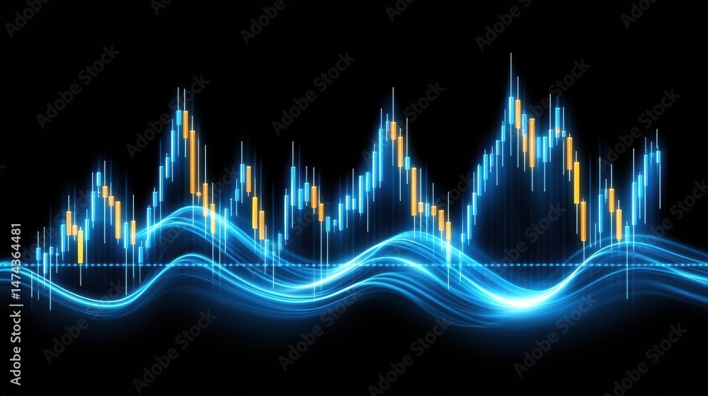 Poster a digital chart with glowing blue lines and candlestick patterns representing financial market data 