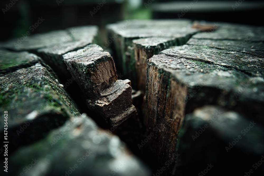 Poster Close-up view of weathered wood showing cracks and textures in a natural setting during daylight