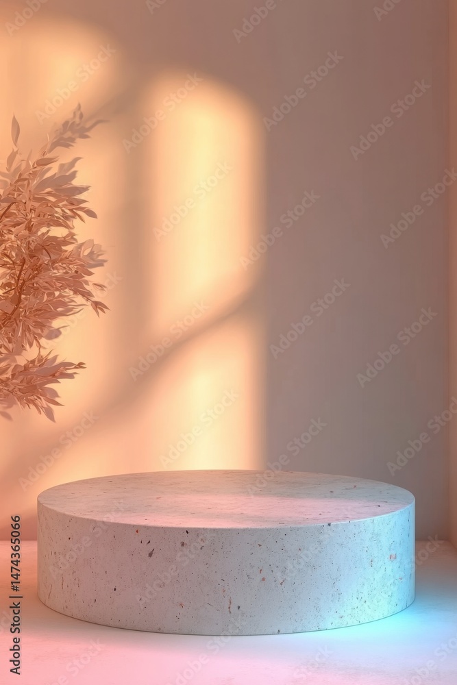 Poster minimalist product display with concrete podium and soft light casting shadows of leaves on wall stu