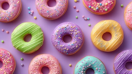 Assorted Glazed Donuts on Purple Background in Flat Lay Arrangement