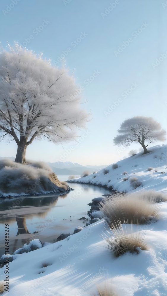 Poster 雪に覆われた木々が並ぶ穏やかな川の冬景色 青い空の下で輝く雪の白さが印象的な風景