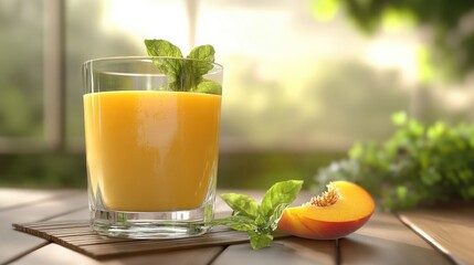 Peach smoothie with fresh slices and soft focus background of greenery