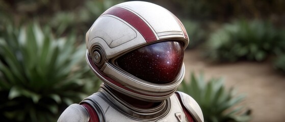 Futuristic astronaut helmet with a galaxy reflection against lush green background conveying themes of exploration innovation and connection to the universe captured with clarity