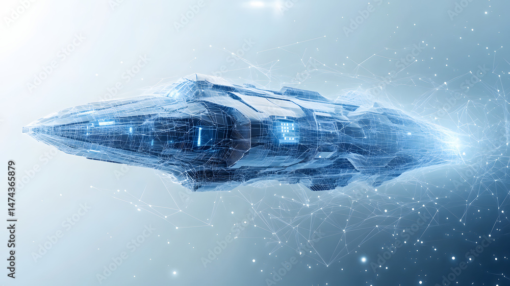 Aufkleber Futuristic spaceship with a sleek design amidst a digital network. Energy signature emanates, creating depth and technological complexity. Abstract wireframe in dark blue.