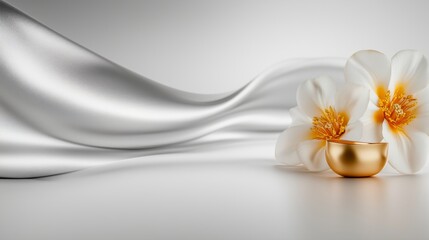 A minimalist, elegant composition featuring white flower placed next to a small golden pot, bowl. background includes flowing, silky white fabric, creating a clean, luxurious,  tranquil aesthetic.