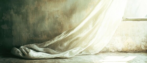 Ethereal White Curtain Flowing in Abandoned Room Sunlight Streaming Through Window Dramatic Light and Shadow Grunge Wall Texture Interior Space