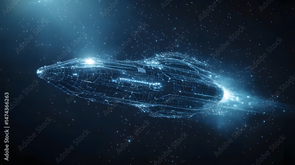 Poster futuristic spaceship soaring through a star-filled expanse. glowing blue wireframe design emphasizes