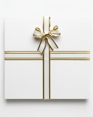 Elegant gift box with white ribbon and gold trim overhead studio shot on white background for celebrations and holidays