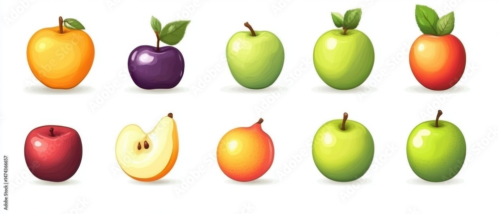 Poster assorted apple and pear fruits in a row colorful illustration on white background eye level view for