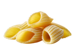 Close up of uncooked pasta shells, Italian food ingredient, raw shell pasta isolated on white background, healthy meal