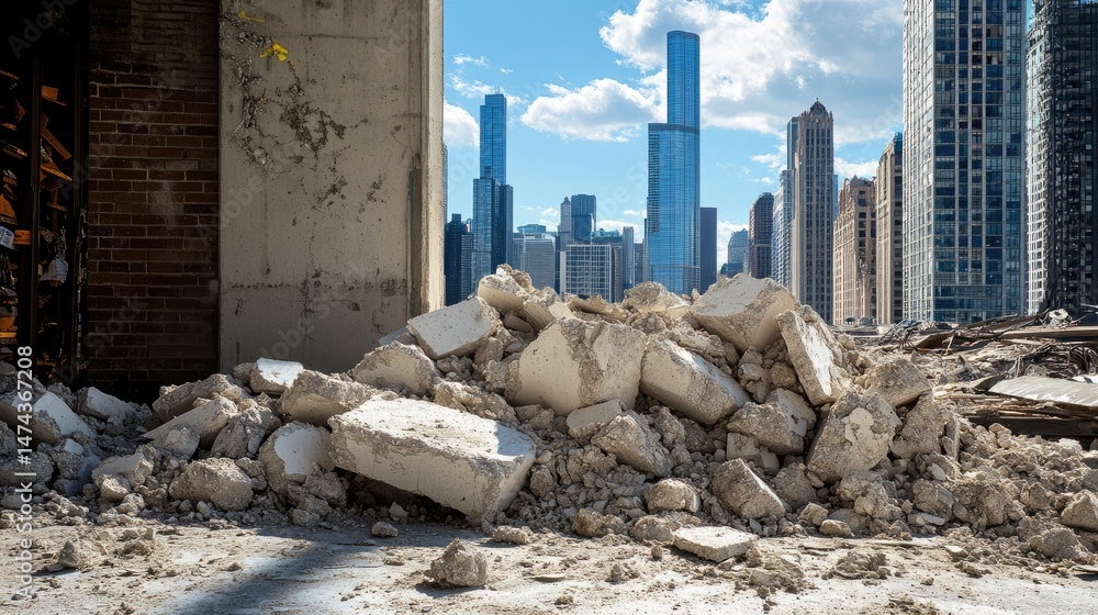 Poster pile of crushed concrete rubble in foreground with partially collapsed building behind