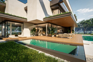 3d rendering of two-story house with parking and pool for sale or rent with concrete facade and beautiful landscaping on background. Clear sunny summer day with blue sky.