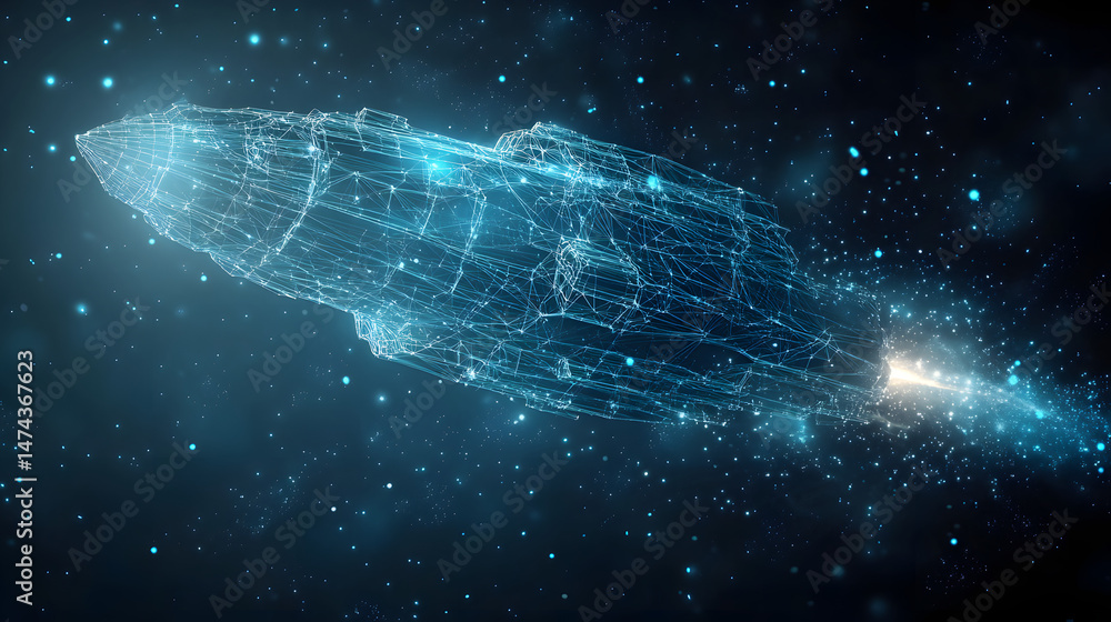 Poster futuristic wireframe spaceship hurtles through the cosmos, its blue lines tracing a path amidst dist
