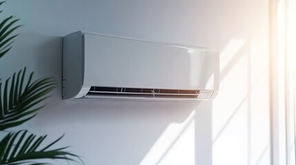 Split-type air conditioner on white wall with sunlight from window and green plant in corner.