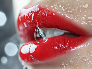 Fototapeta premium Wet red lips holding water drop, beauty and cosmetics closeup
