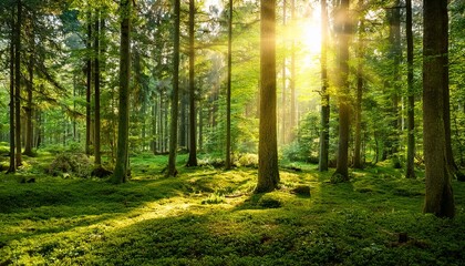 Fototapeta premium panorama of a wild forest in summer with bright sun shining through the trees