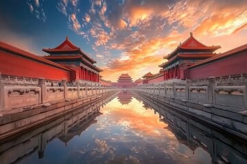 Obraz premium Forbidden City View with Walls, Palace, Reflecting Water, and Sky during Golden Hour