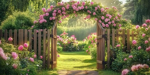 Wooden archway with pink roses at garden path entrance surrounded by colorful flowers in soft sunlight.