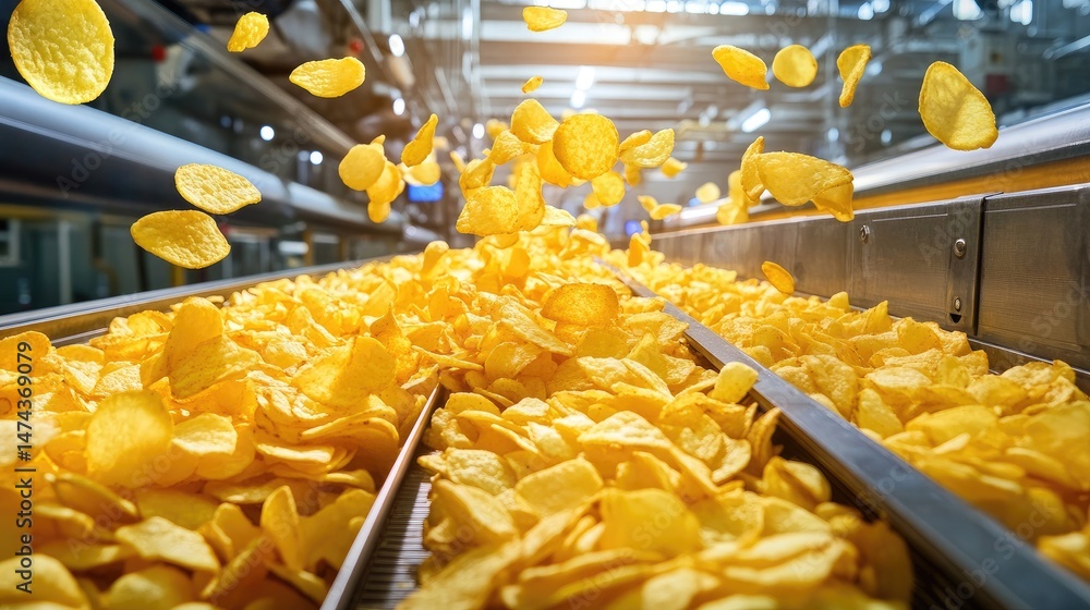 Poster robotic machinery sorting potato chips on a high-speed production line, bright and clean
