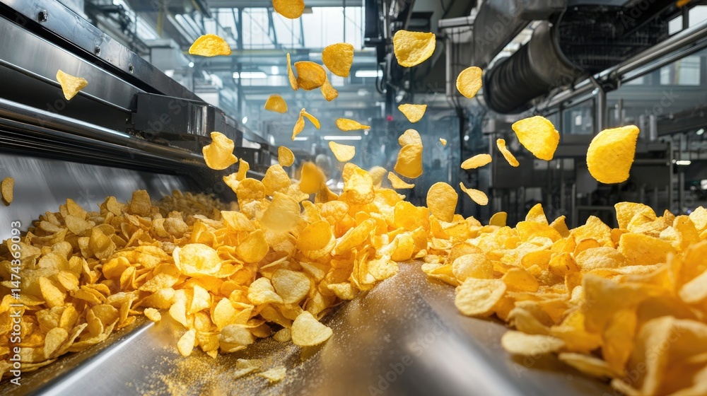 Poster robotic machinery sorting potato chips on a high-speed production line, bright and clean