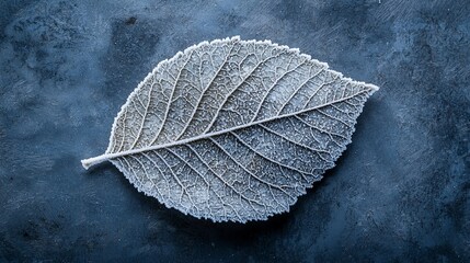 Frosted leaf, intricate veins, resting on textured, dark blue-gray surface