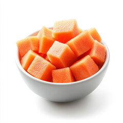 A small bowl filled with cubed papaya pieces, showcasing their juicy texture, isolated on a white background