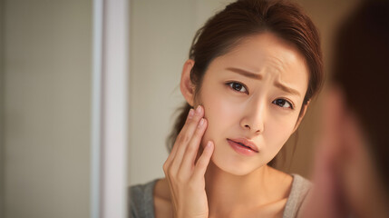 鏡の前で肌トラブルを気にする女性の表情（美容・コスメ・悩み・肌トラブル）