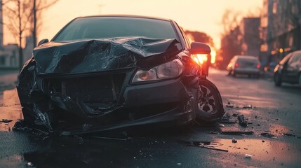 Black sedan severely crashed on city road with deformed front, shattered glass at sunset.