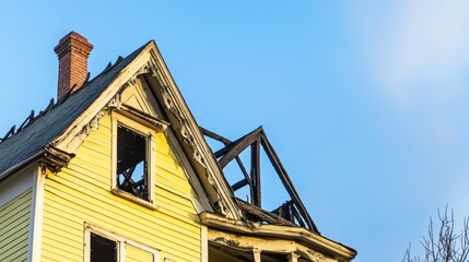 Close-up view of a fire-damaged yellow house roof and charred window frame against a clear blue sky, showing visible burn marks, smoke damage, and structural decay from an accident or disaster.