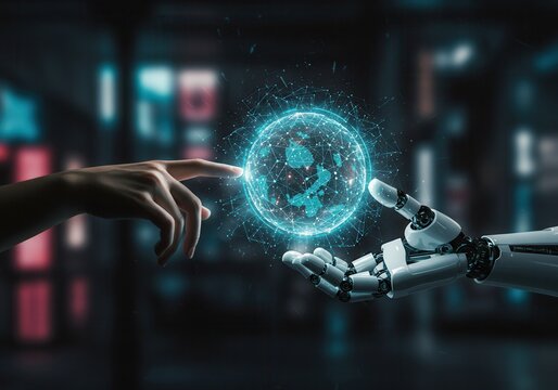 Human hand and robot arm reaching for a glowing digital globe with network connections