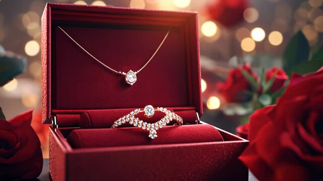Elegant jewelry display with necklace and bracelet amidst romantic roses and bokeh lights