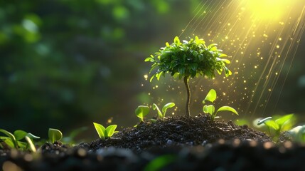 Small tree flourishing from soil, surrounded by a blurred vibrant green background with glowing sunbeams